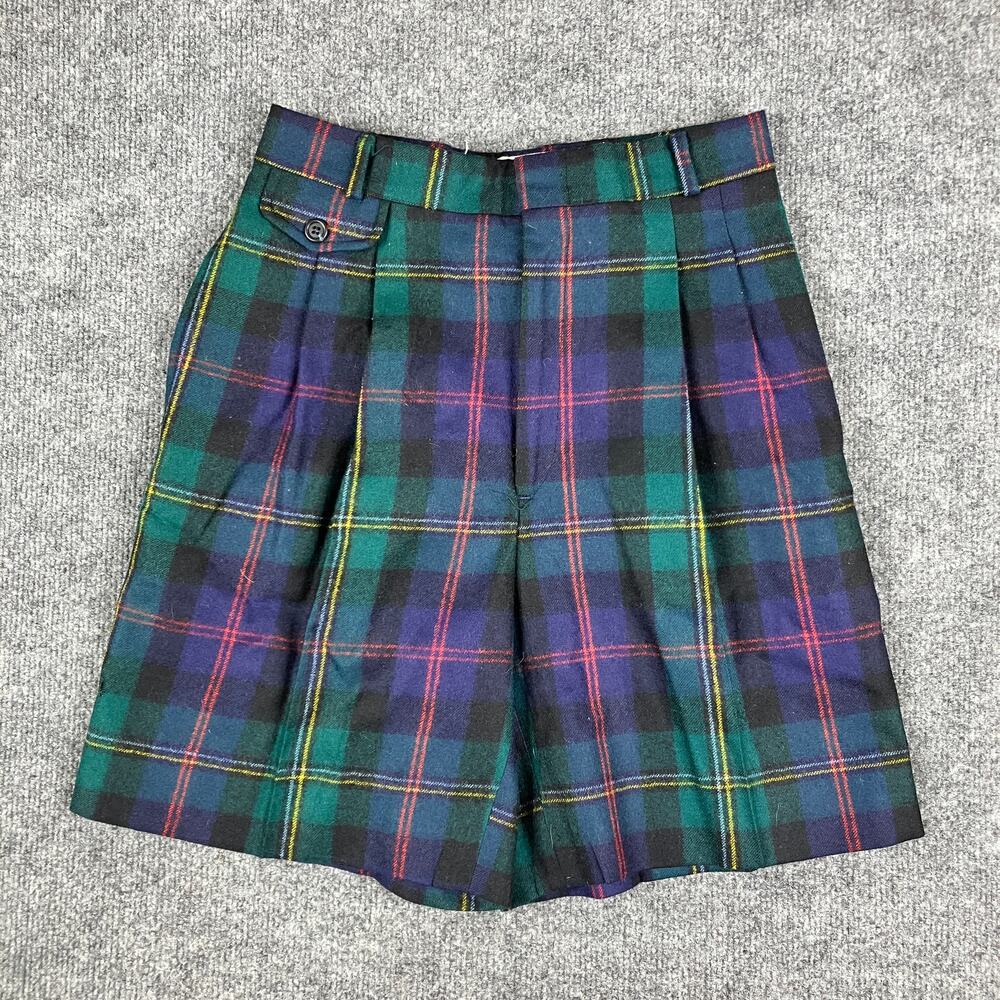 Plaid Tartan Shorts Womens Size Approx 26 Green Blue Pleated Preppy Vintage
